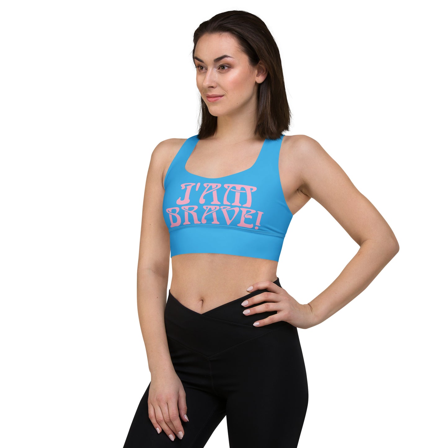 “I’AM BRAVE!” SkyBlue Longline Sports Bra W/Cotton Candy Font