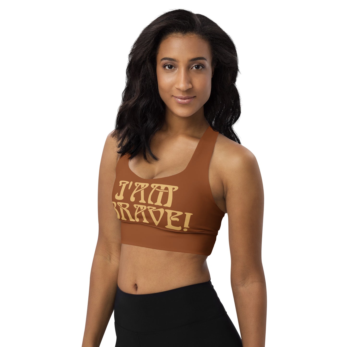 “I’AM BRAVE!” Brown Longline Sports Bra W/Fawn Font