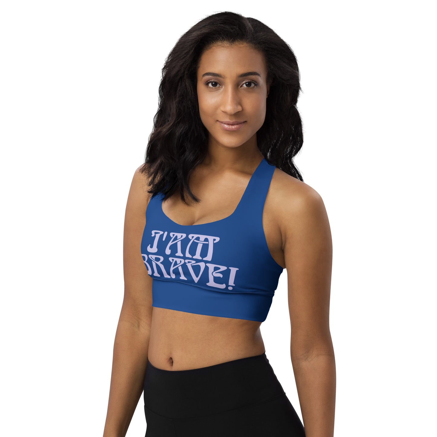 “I’AM BRAVE!” Cerulean Longline Sports Bra W/Purple Font