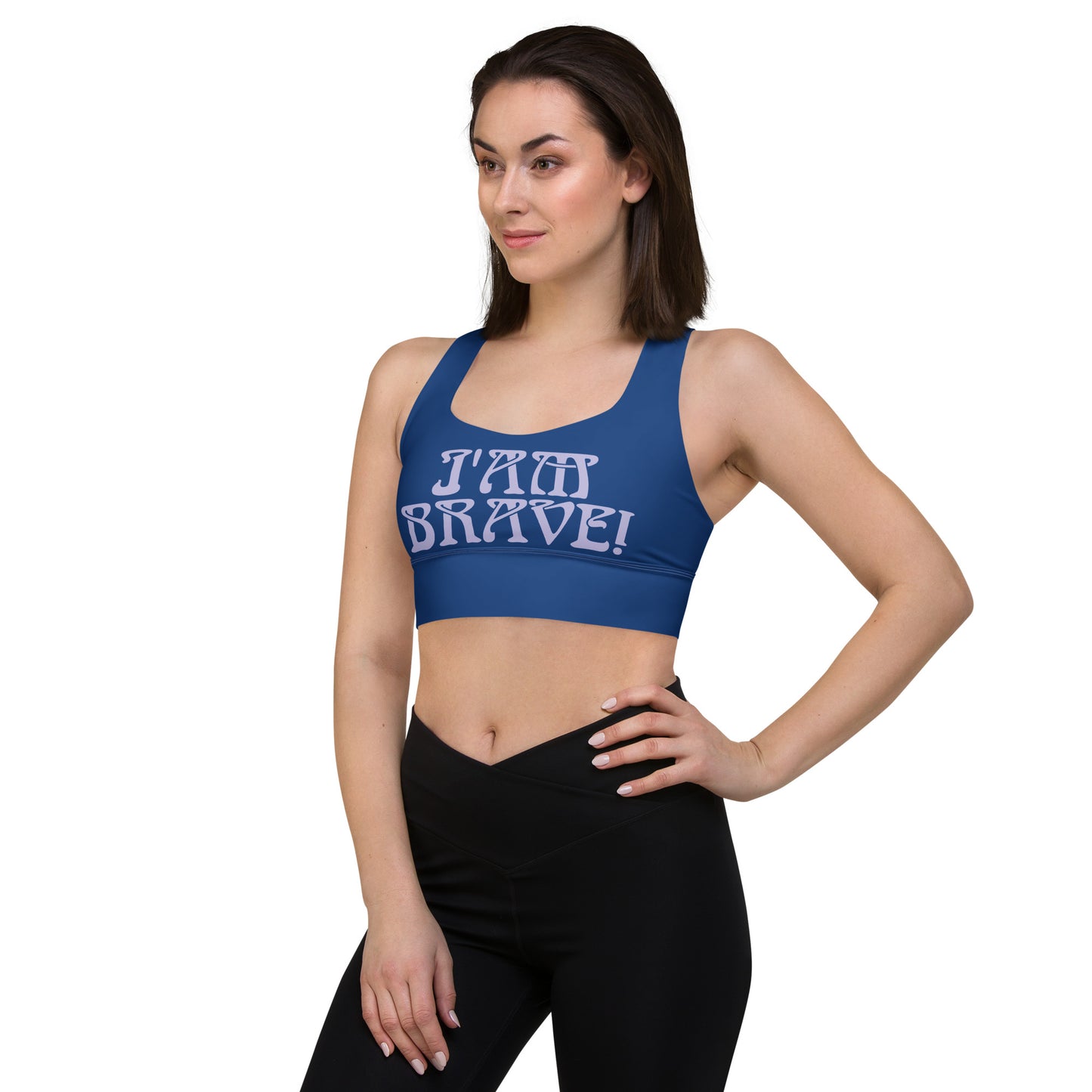 “I’AM BRAVE!” Cerulean Longline Sports Bra W/Purple Font