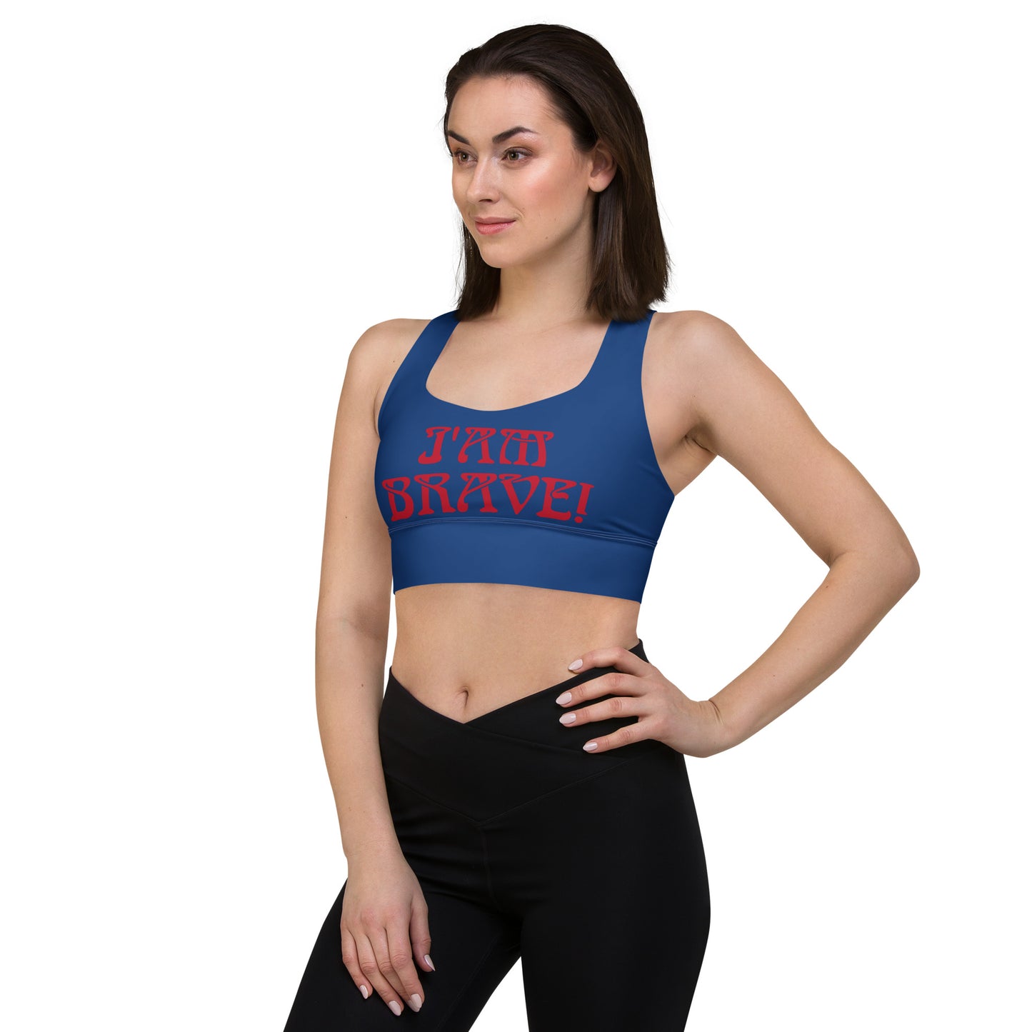 “I’AM BRAVE!” Cerulean Longline Sports Bra W/Red Font