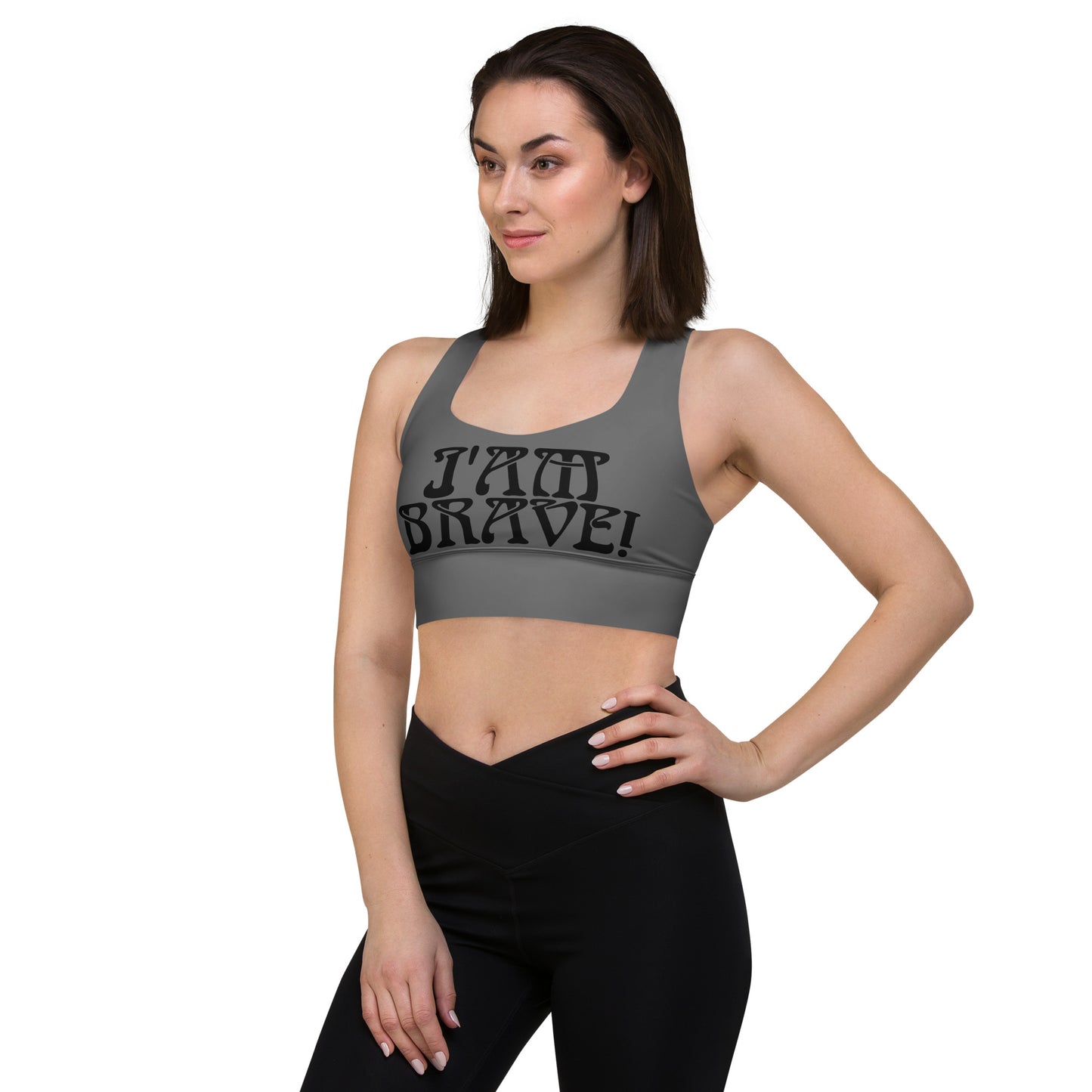 “I’AM BRAVE!” Grey Longline Sports Bra W/Black Font