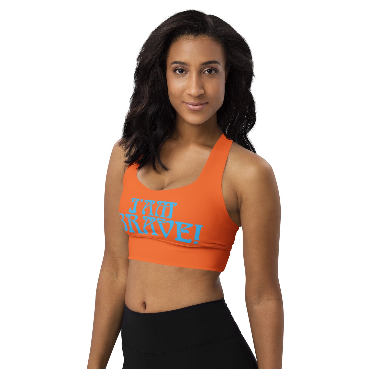 “I’AM BRAVE!” Orange Longline Sports Bra W/SkyBlue Font