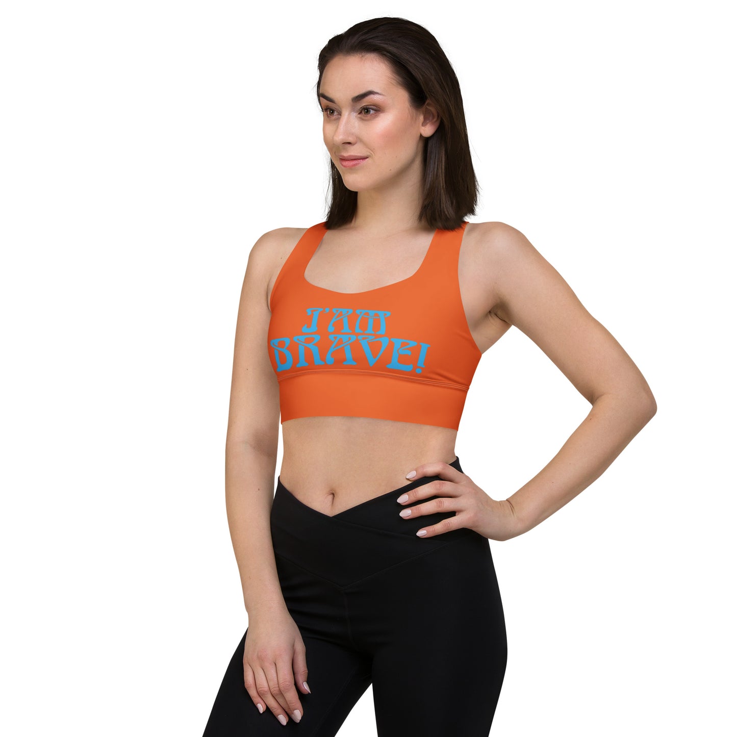 “I’AM BRAVE!” Orange Longline Sports Bra W/SkyBlue Font