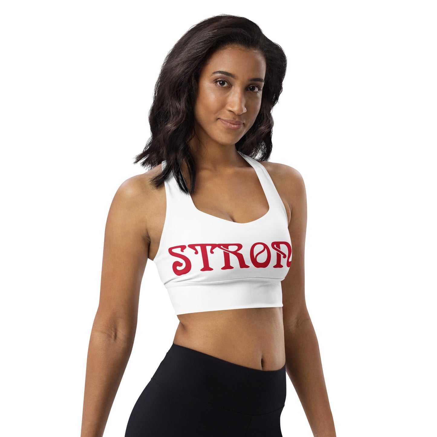 “STRONG”White Longline Sports Bra W/Red Font