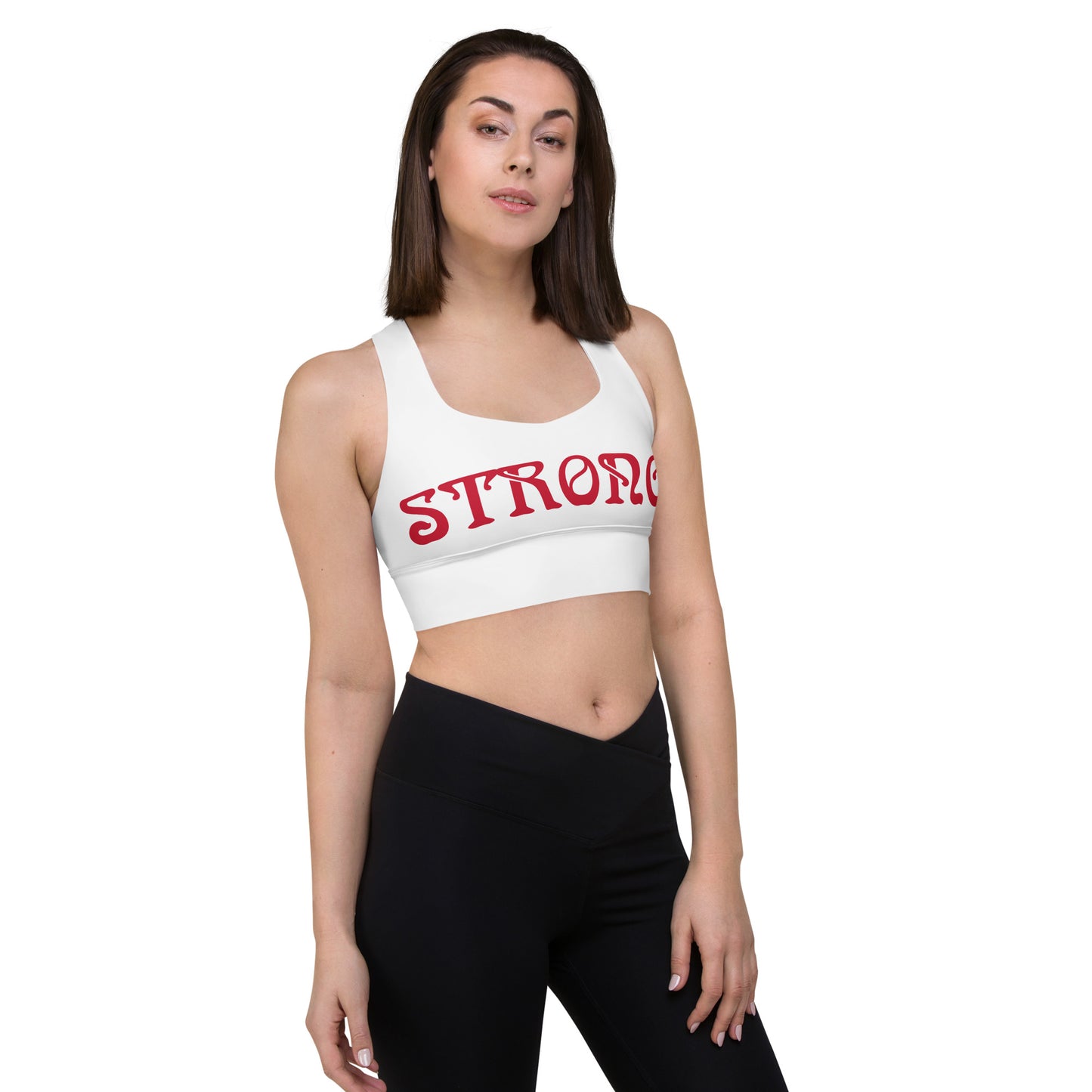 “STRONG”White Longline Sports Bra W/Red Font