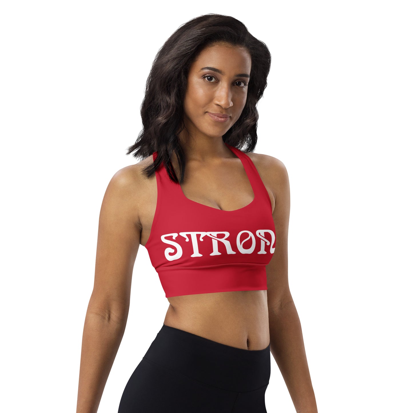 “STRONG”Red Longline Sports Bra W/White Font