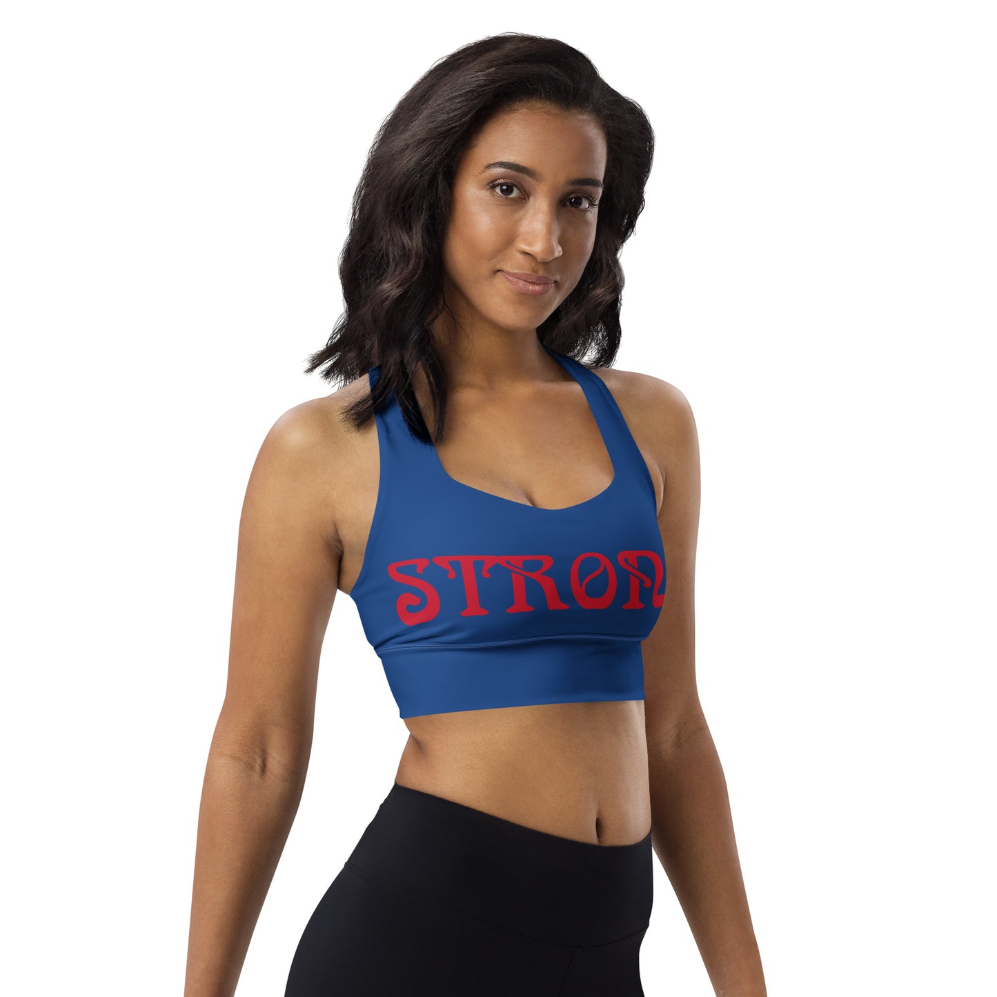 “STRONG”Blue Longline Sports Bra W/Red Font