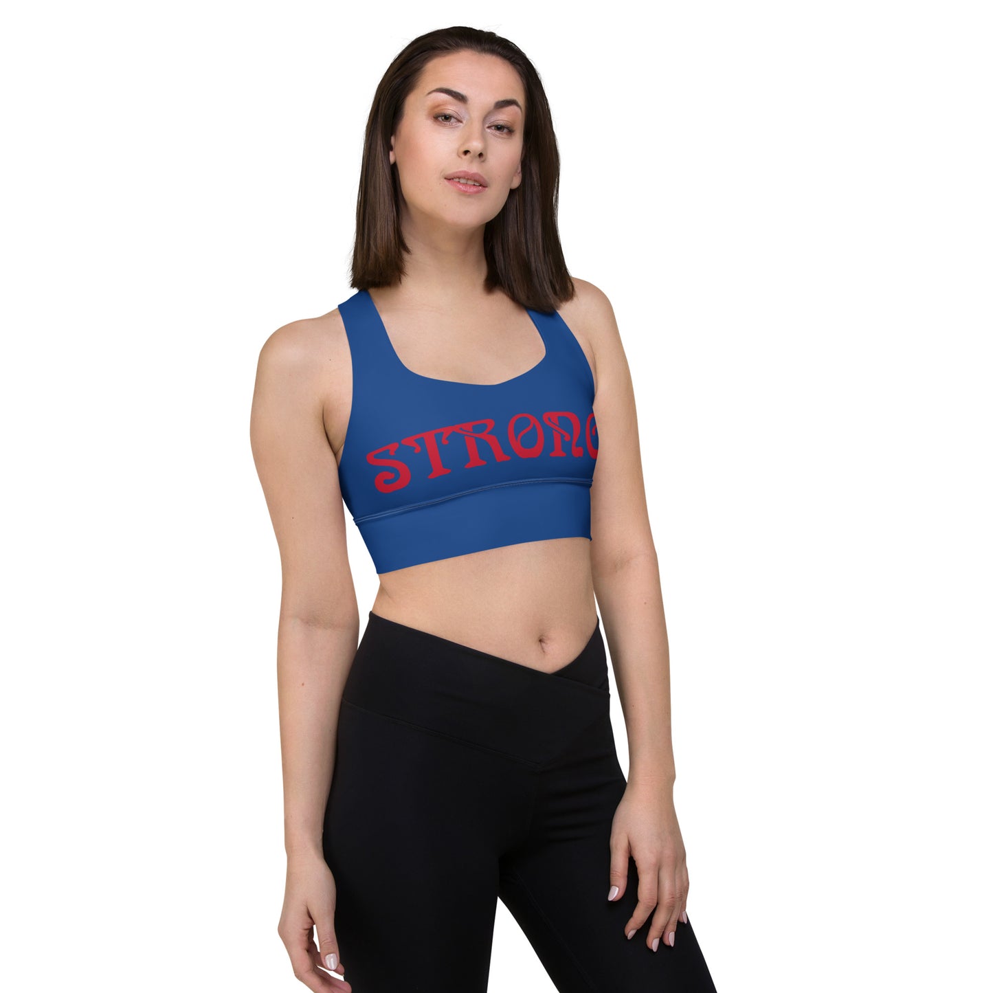 “STRONG”Blue Longline Sports Bra W/Red Font