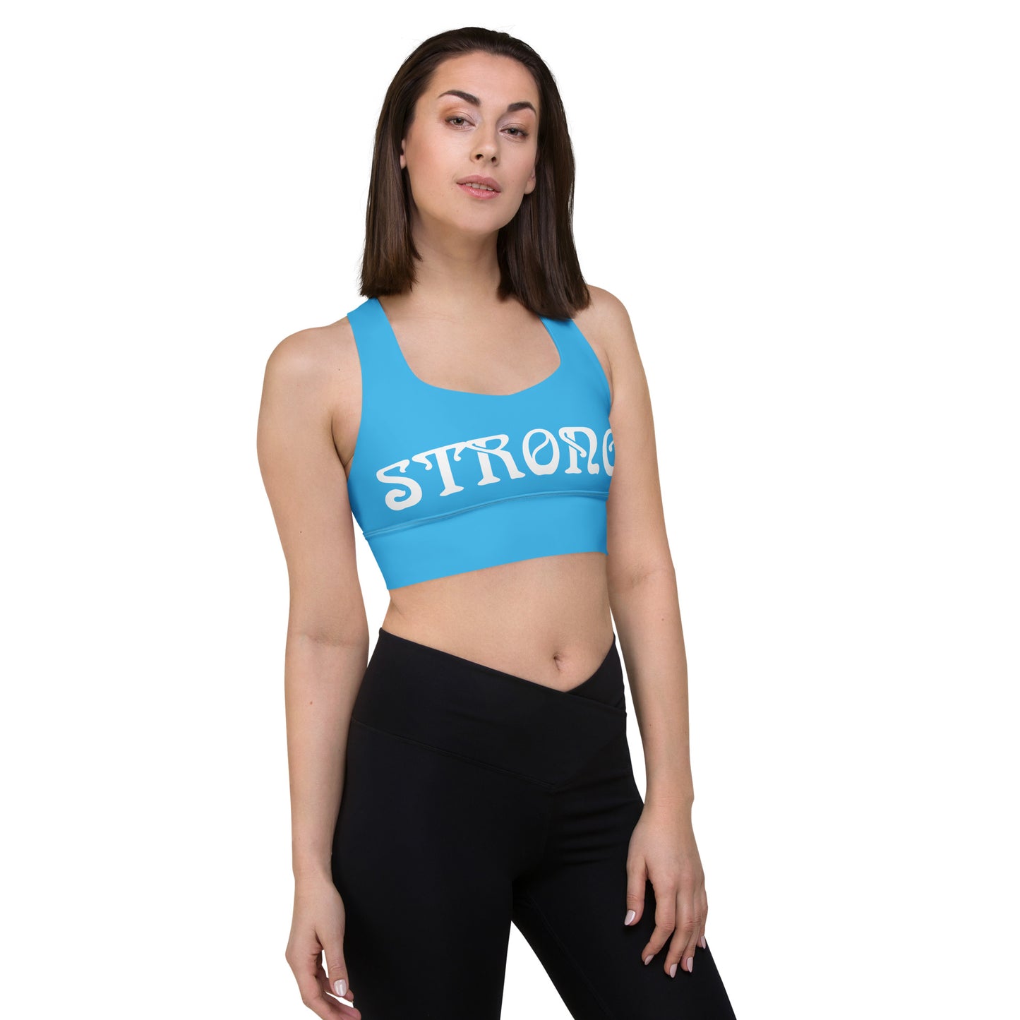 “STRONG" SkyBlue Longline Sports Bra W/White Font