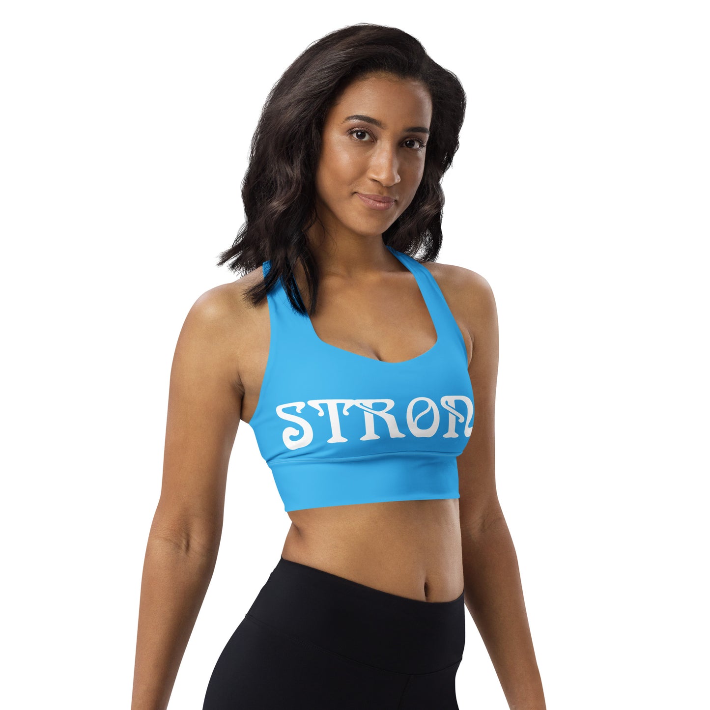 “STRONG" SkyBlue Longline Sports Bra W/White Font