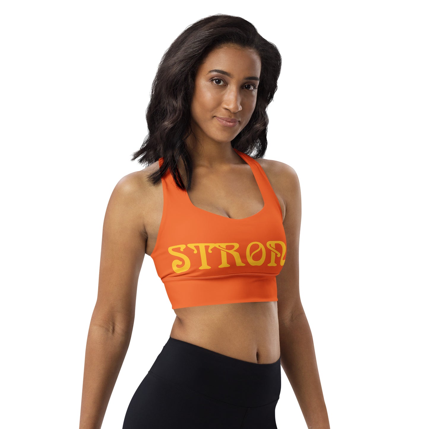 “STRONG”Orange Longline Sports Bra W/Yellow Font