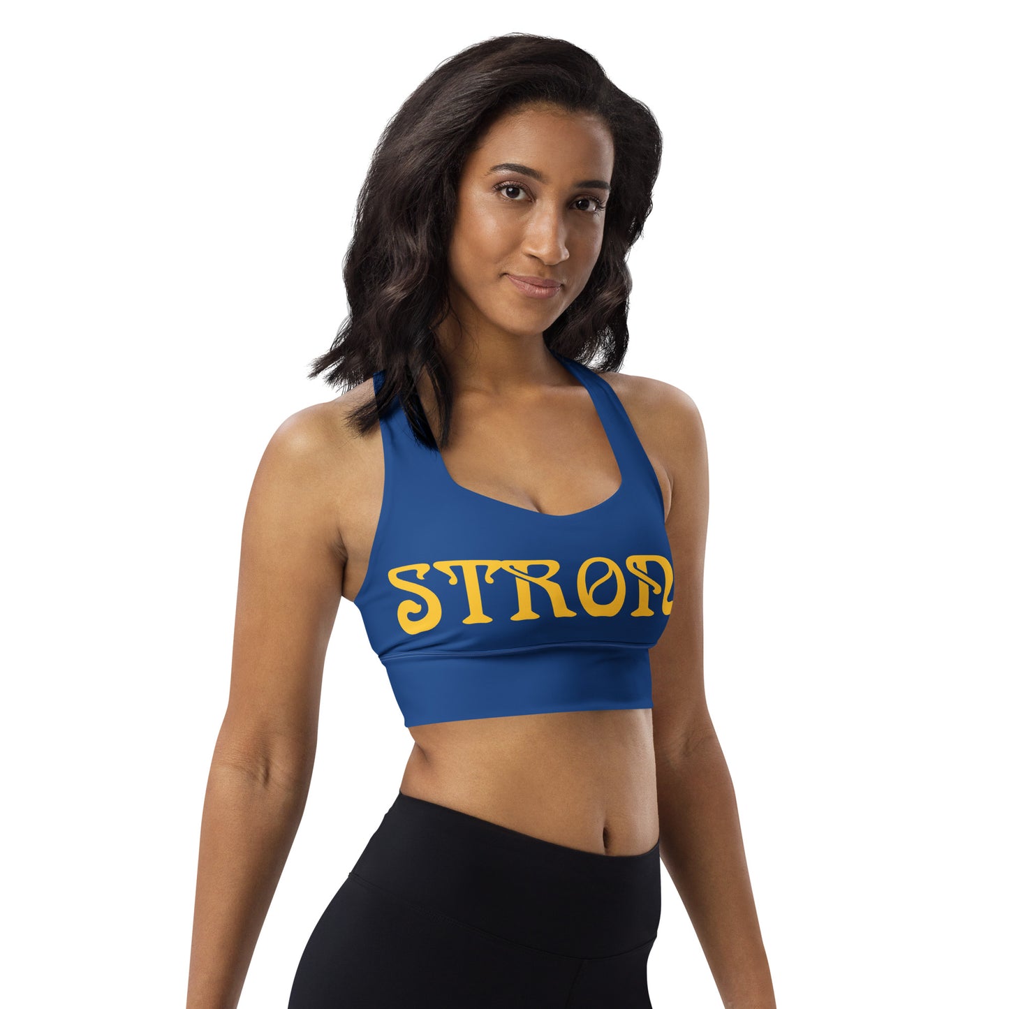 “STRONG”Blue Longline Sports Bra W/Yellow Font