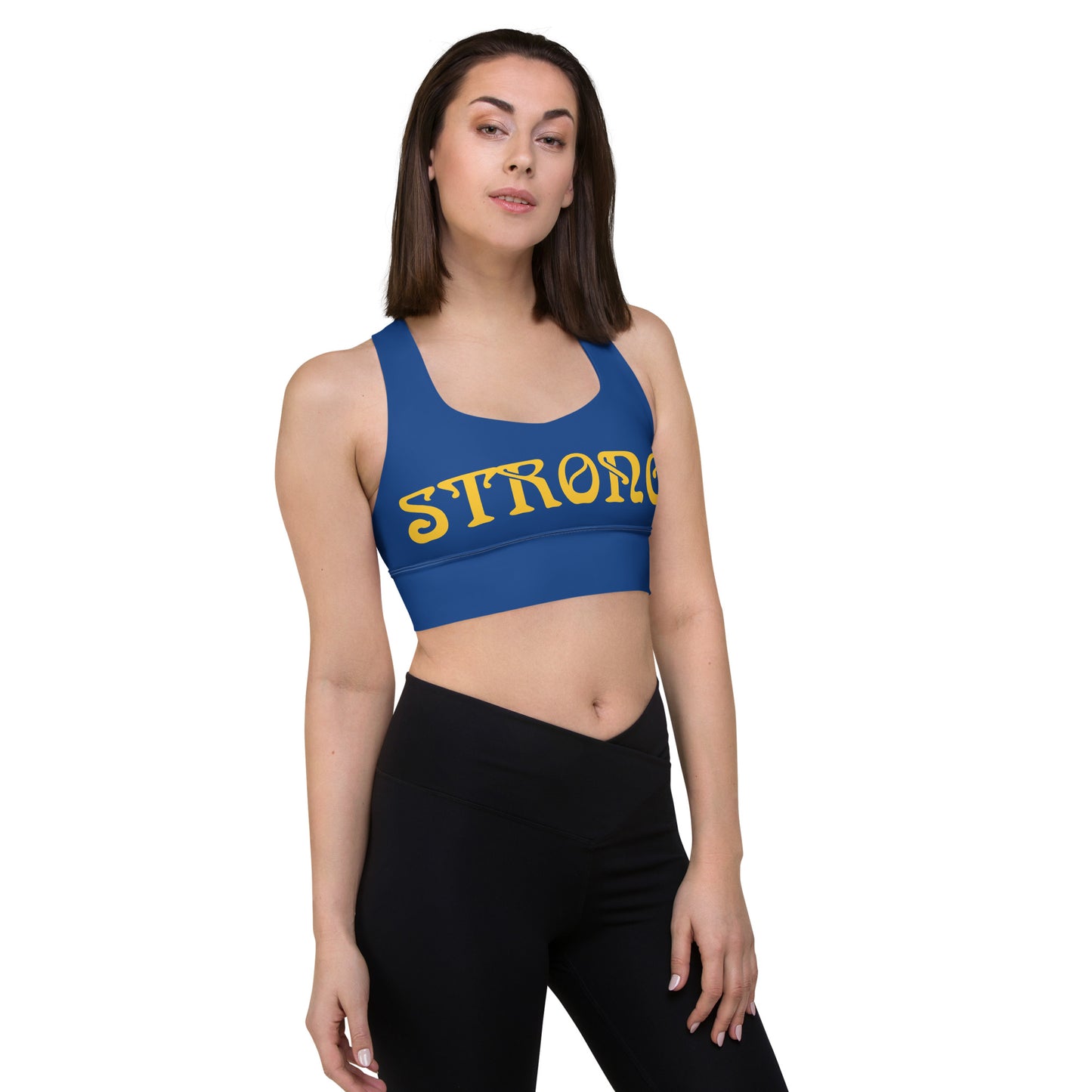 “STRONG”Blue Longline Sports Bra W/Yellow Font