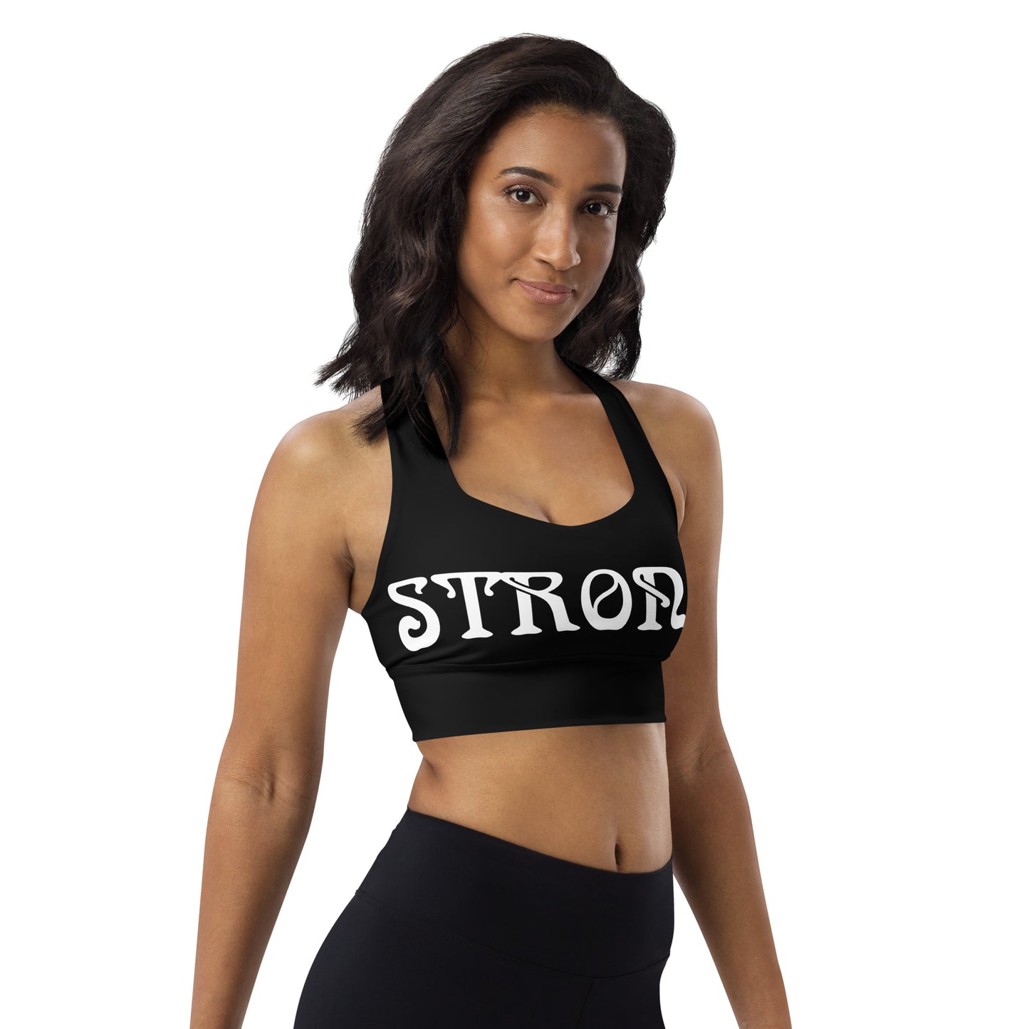 “STRONG”Black Longline Sports Bra W/White Font