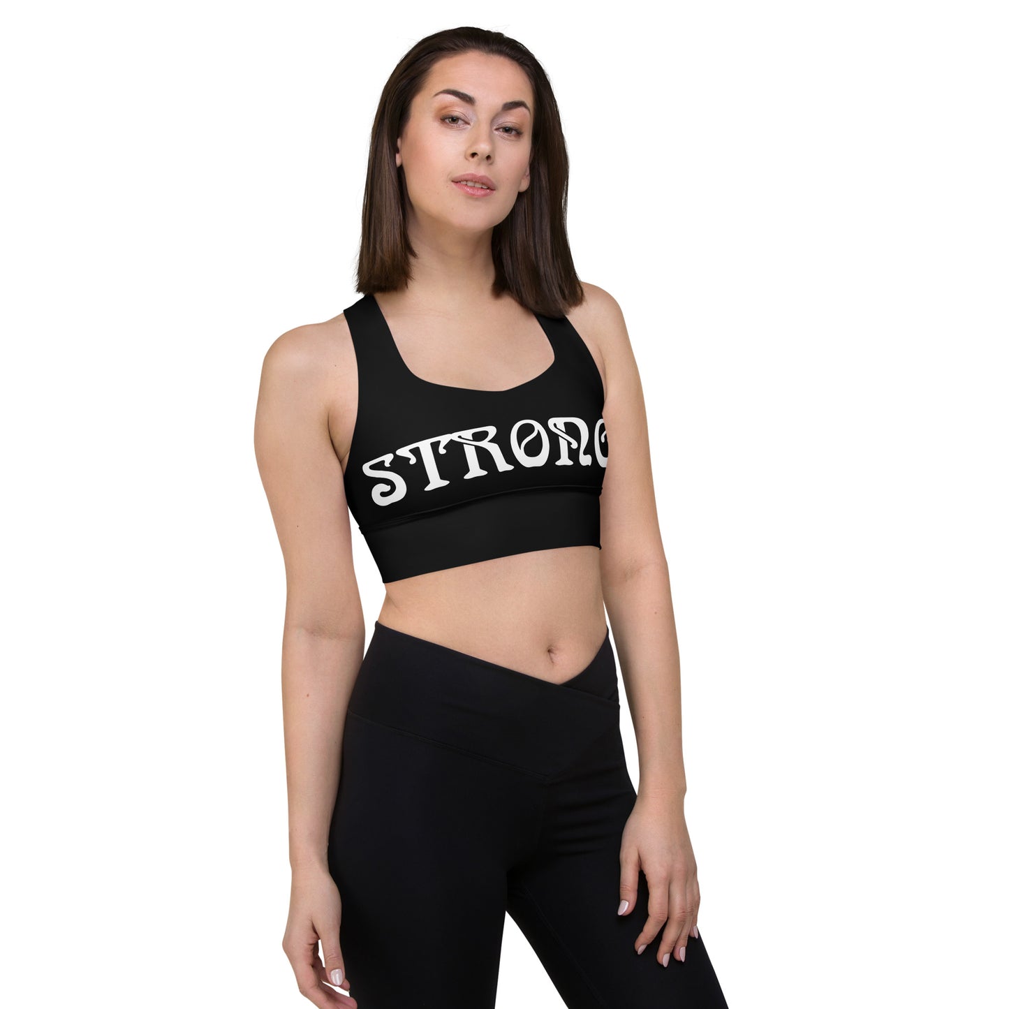 “STRONG”Black Longline Sports Bra W/White Font