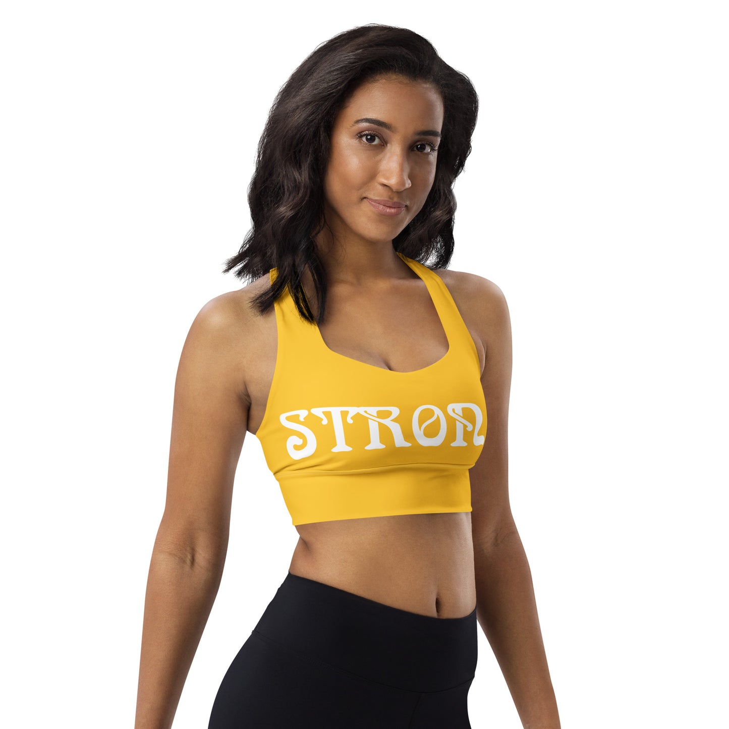 “STRONG”Yellow Longline Sports Bra W/White Font