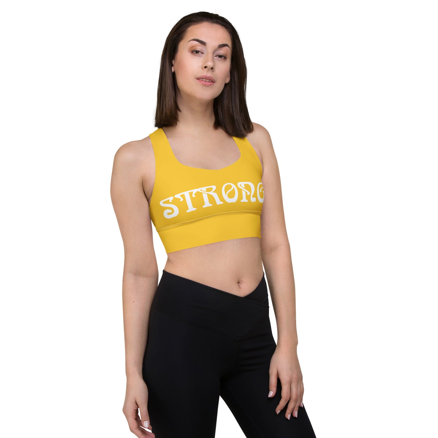 “STRONG”Yellow Longline Sports Bra W/White Font