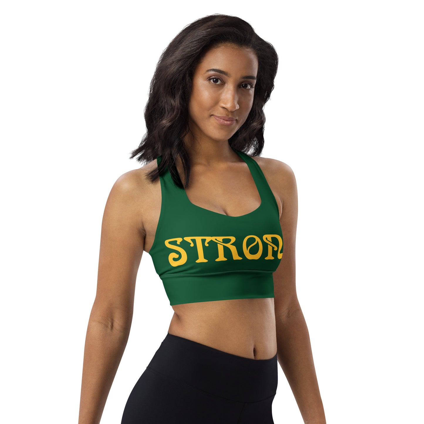 “STRONG”Green Longline Sports Bra W/Yellow Font