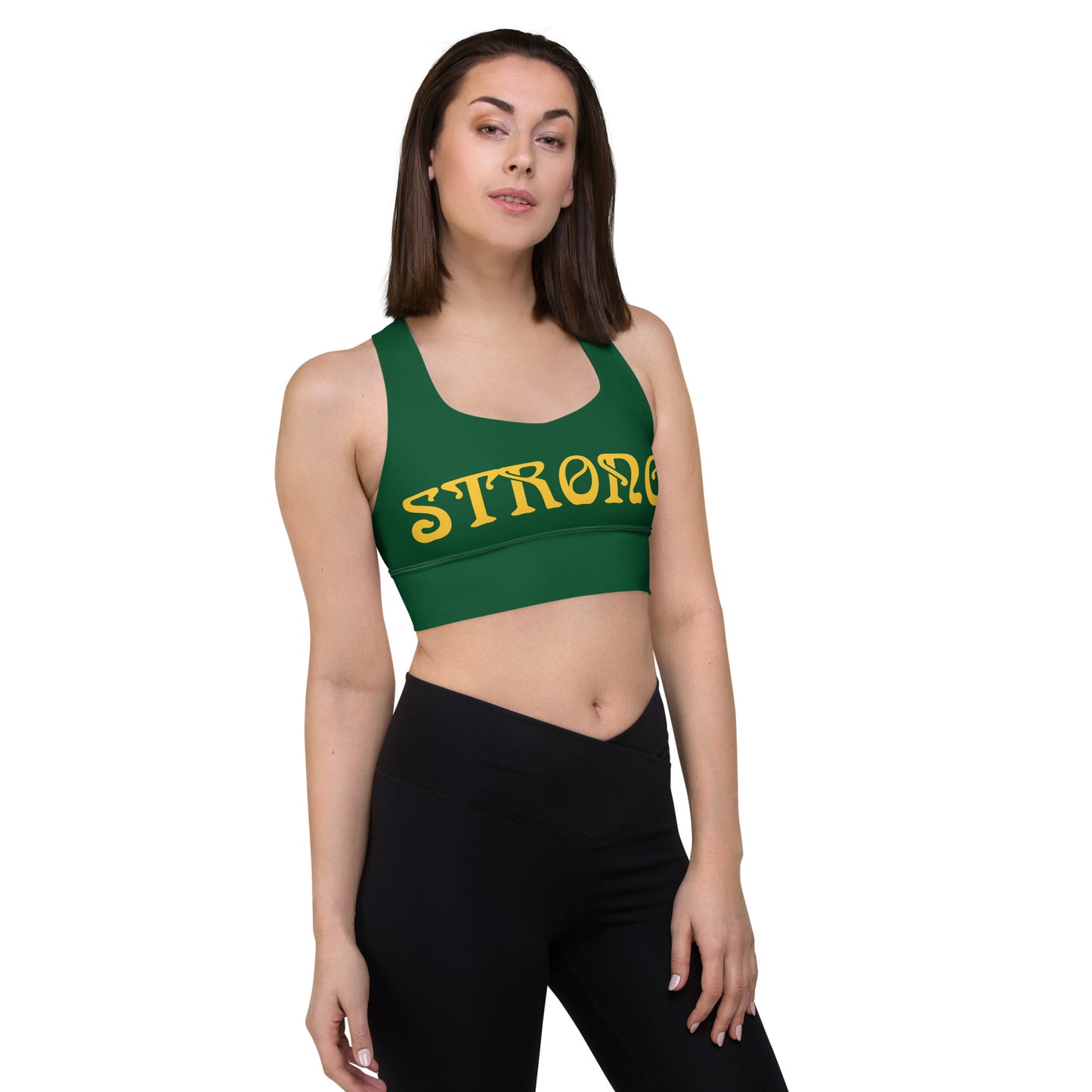 “STRONG”Green Longline Sports Bra W/Yellow Font