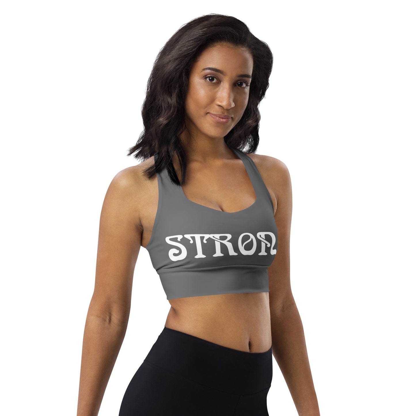 “STRONG”Grey Longline Sports Bra W/White Font