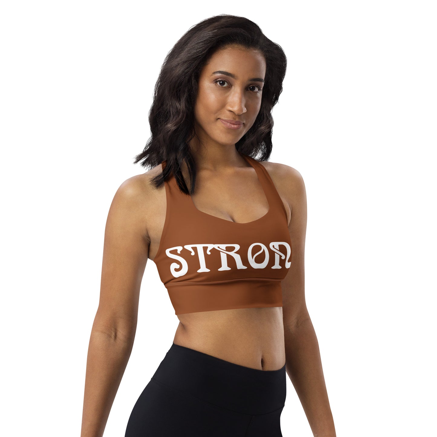 “STRONG”Brown Longline Sports Bra W/White Font