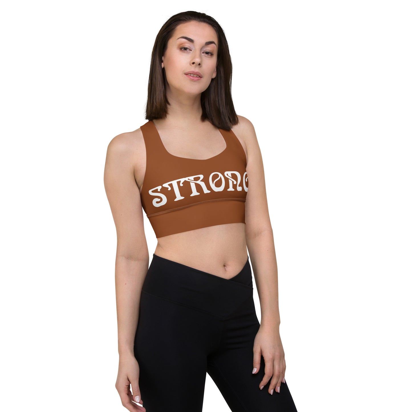 “STRONG”Brown Longline Sports Bra W/White Font