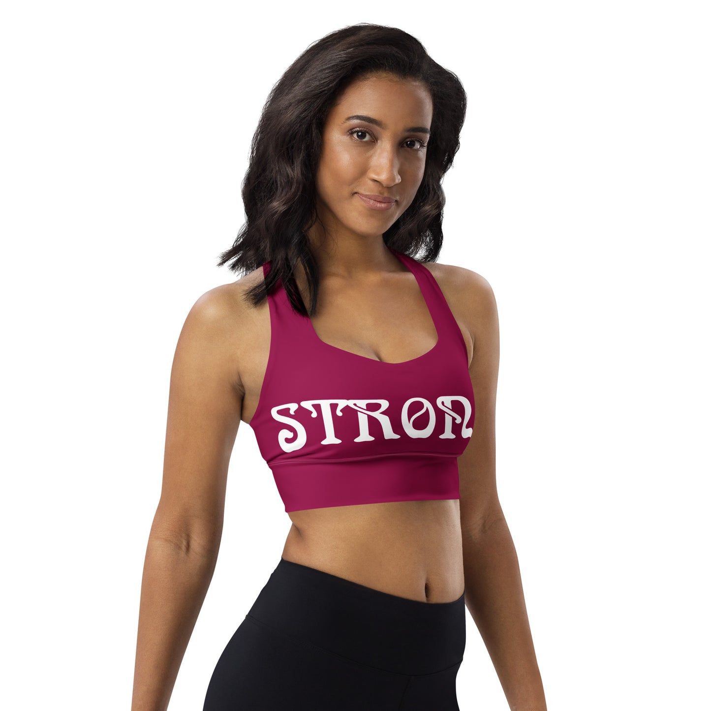 “STRONG”Burgundy Longline Sports Bra W/White Font