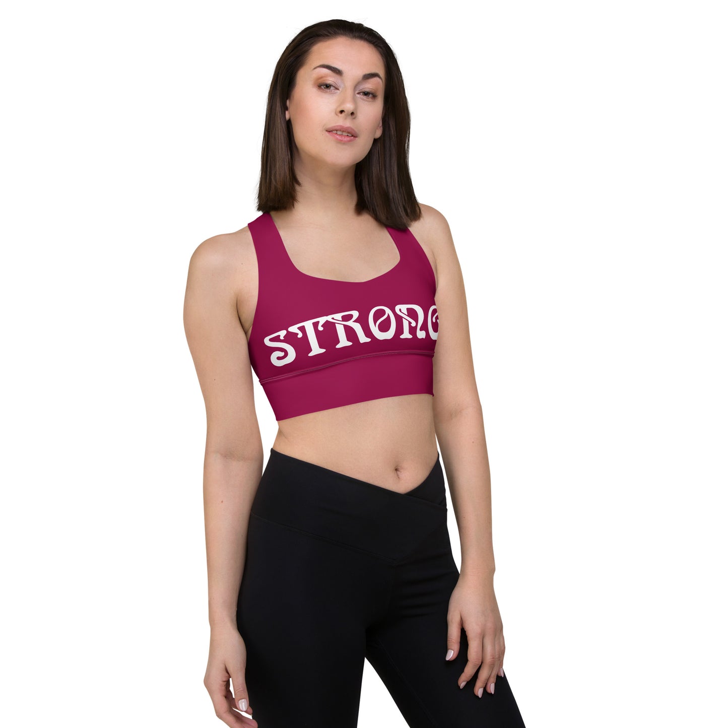 “STRONG”Burgundy Longline Sports Bra W/White Font