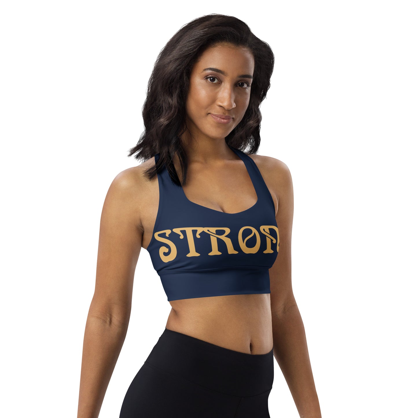 “STRONG”Navy Longline Sports Bra W/Fawn Font