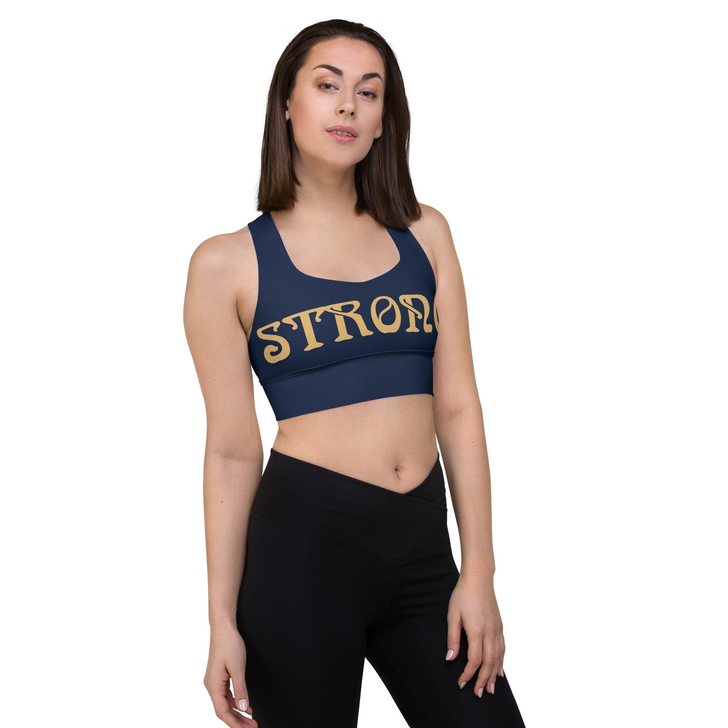 “STRONG”Navy Longline Sports Bra W/Fawn Font