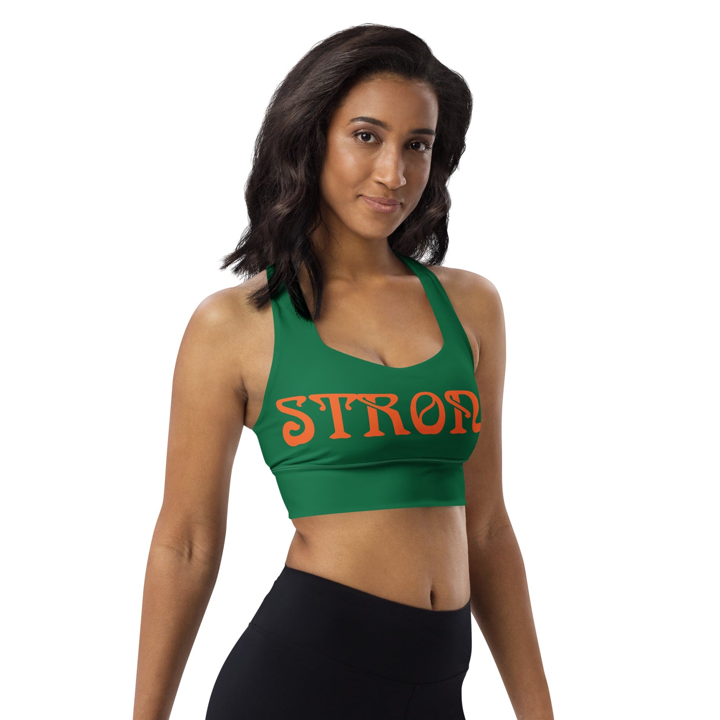 “STRONG” Green Longline Sports Bra W/Orange Font