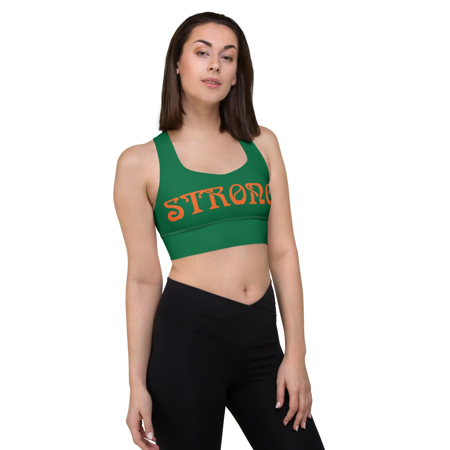 “STRONG” Green Longline Sports Bra W/Orange Font