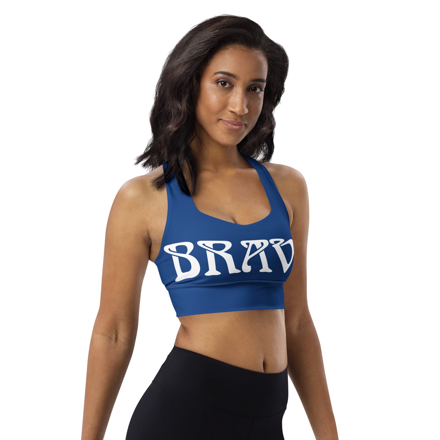 “BRAVE”Blue Longline Sports Bra W/White Font