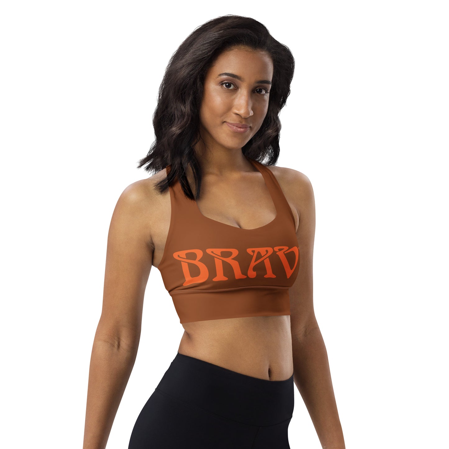 “BRAVE” Brown Longline Sports Bra W/Orange Font