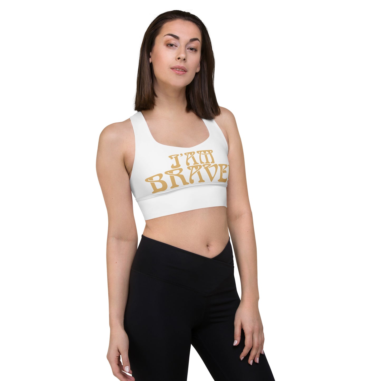 “I’AM BRAVE!” White Longline Sports Bra W/Fawn Font