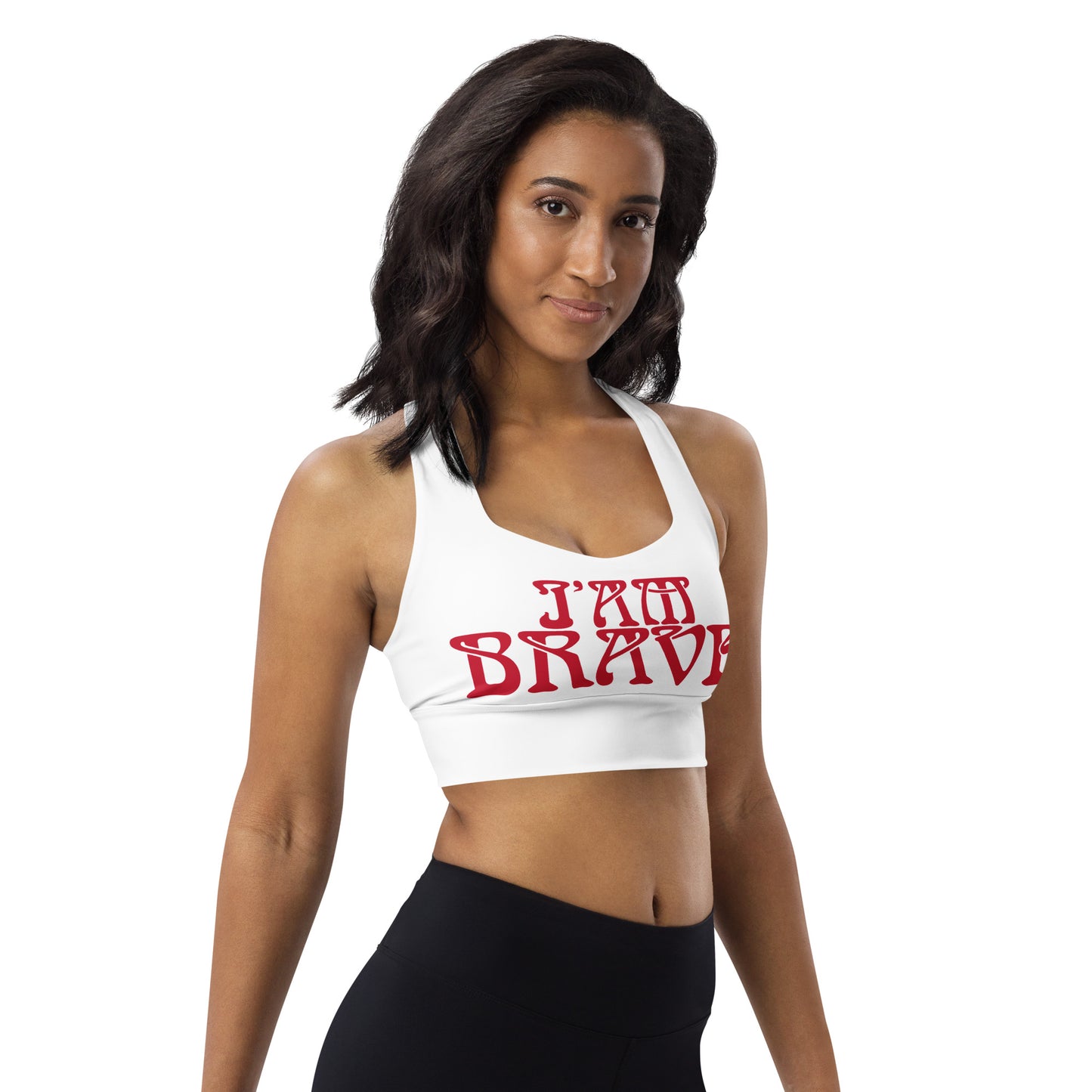 “I’AM BRAVE!” White Longline Sports Bra W/Red Font