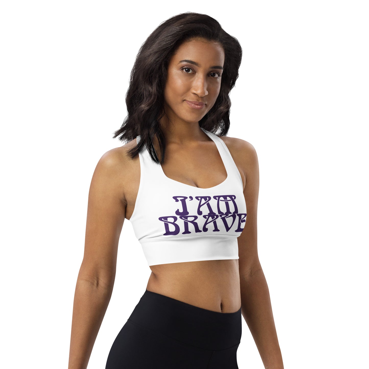 “I’AM BRAVE!” White Longline Sports Bra W/Purple Font