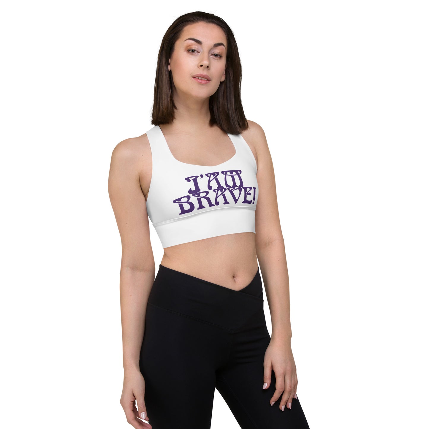 “I’AM BRAVE!” White Longline Sports Bra W/Purple Font