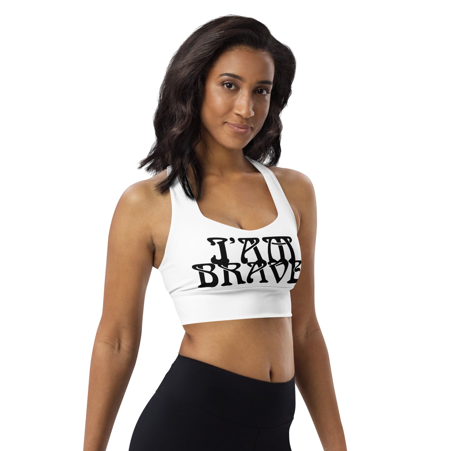 “I’AM BRAVE!” White Longline Sports Bra W/Black Font