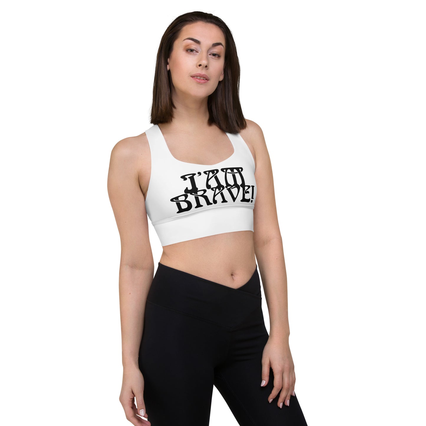 “I’AM BRAVE!” White Longline Sports Bra W/Black Font