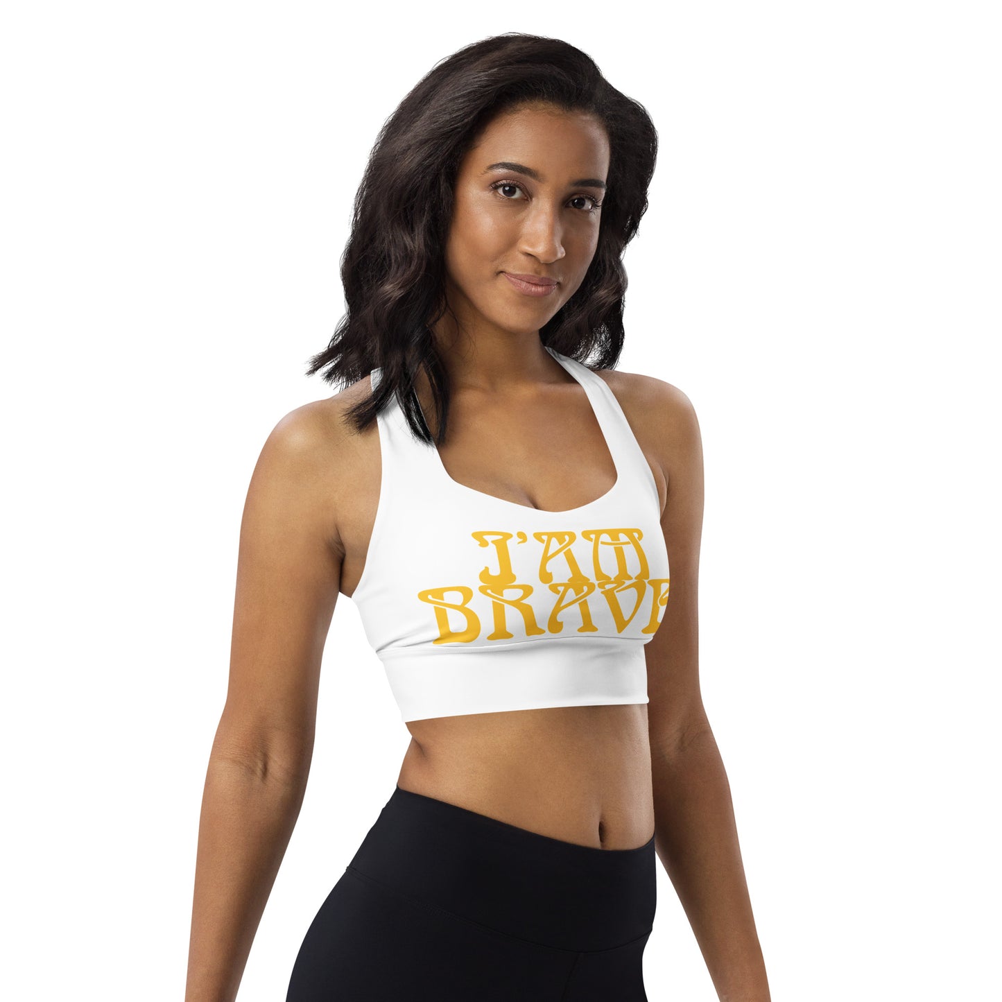 “I’AM BRAVE!” White Longline Sports Bra W/Yellow Font