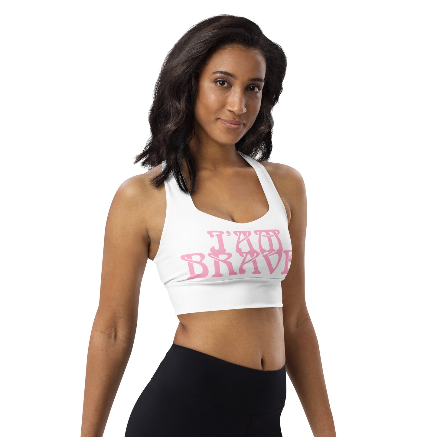 “I’AM BRAVE!” White Longline Sports Bra W/Cotton Candy Font