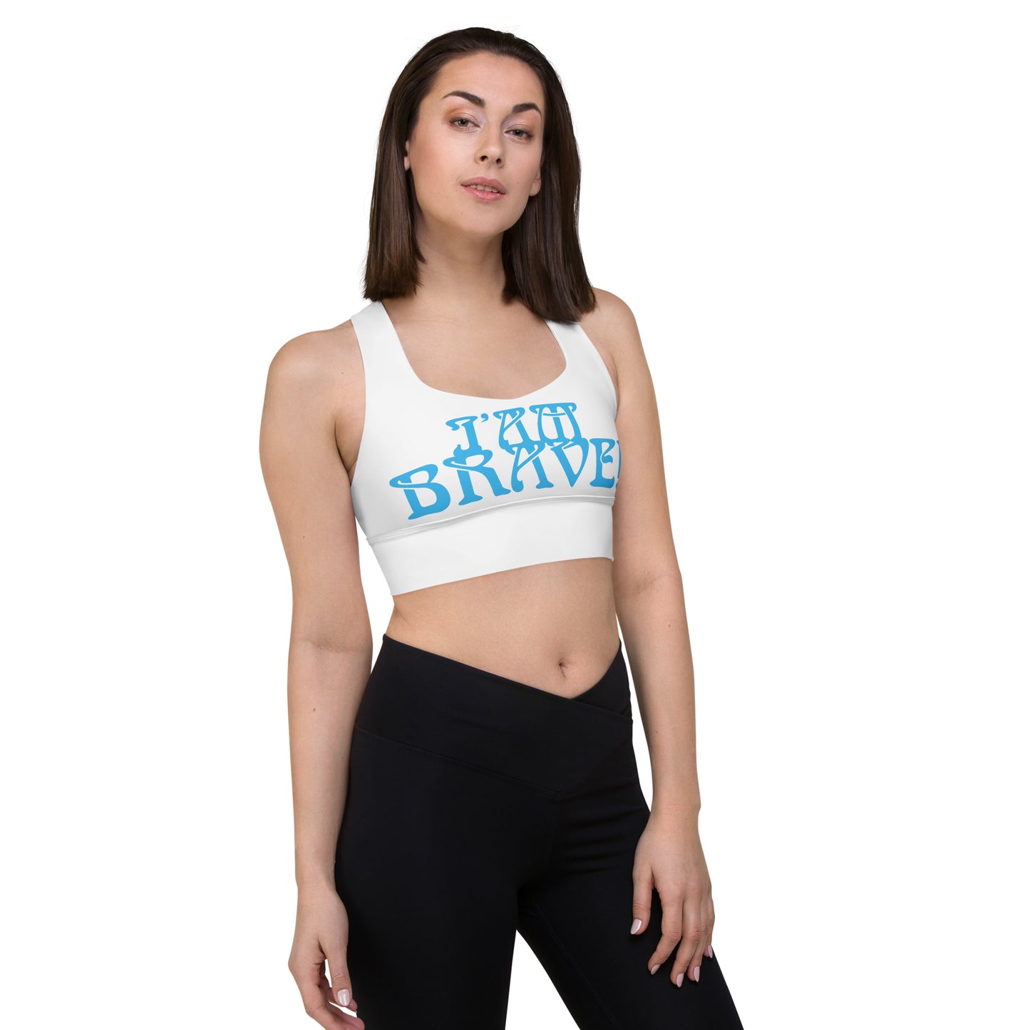 “I’AM BRAVE!” White Longline Sports Bra W/SkyBlue Font