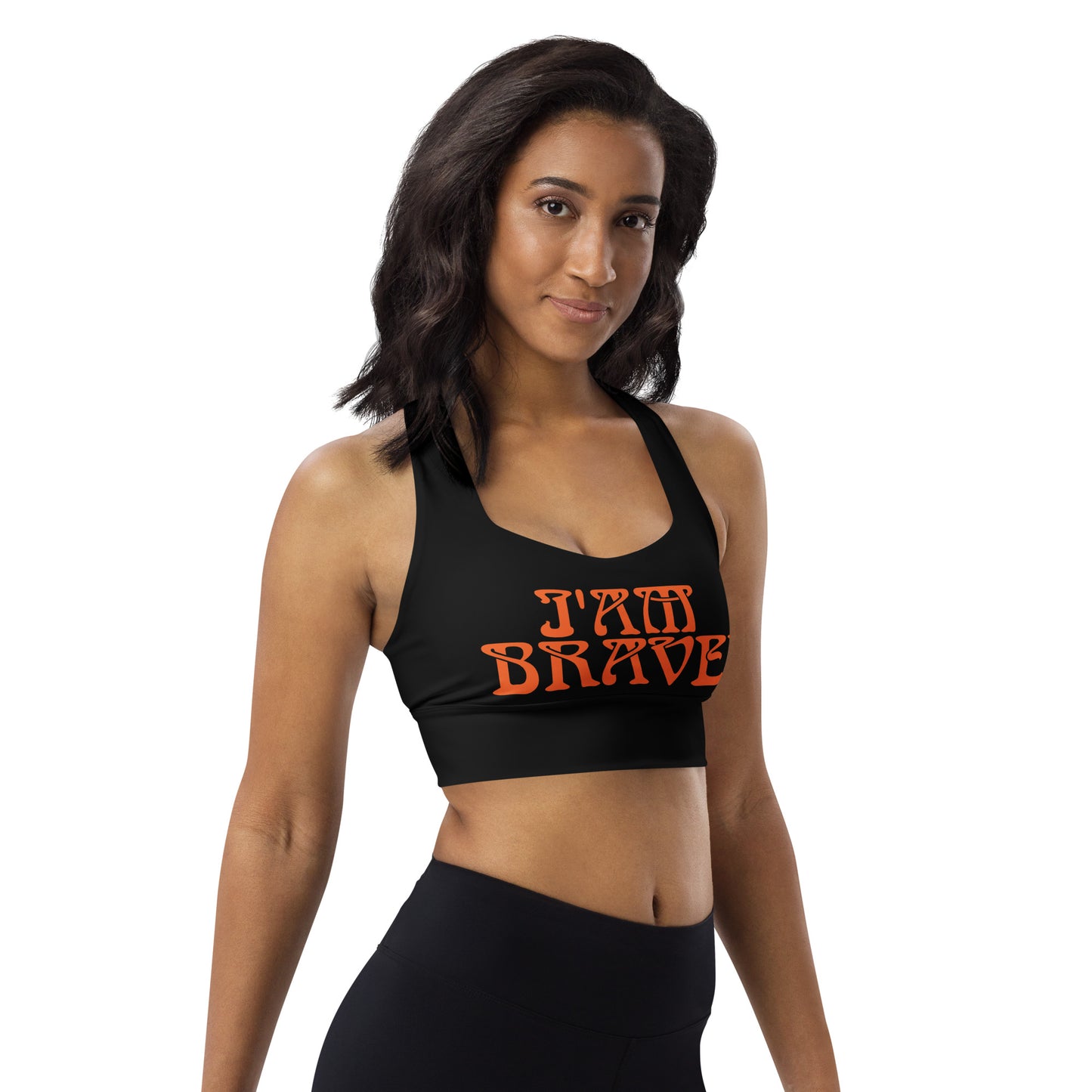 “I’AM BRAVE!” Black Longline Sports Bra W/Orange Font