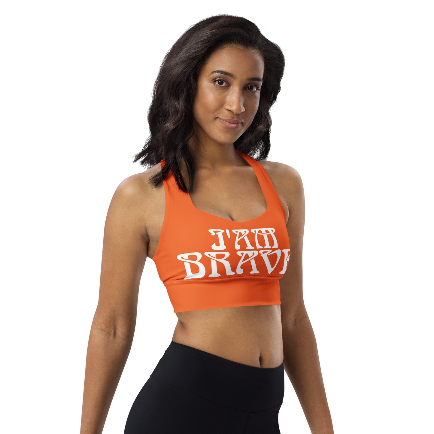 “I’AM BRAVE!” Orange Longline Sports Bra W/White Font