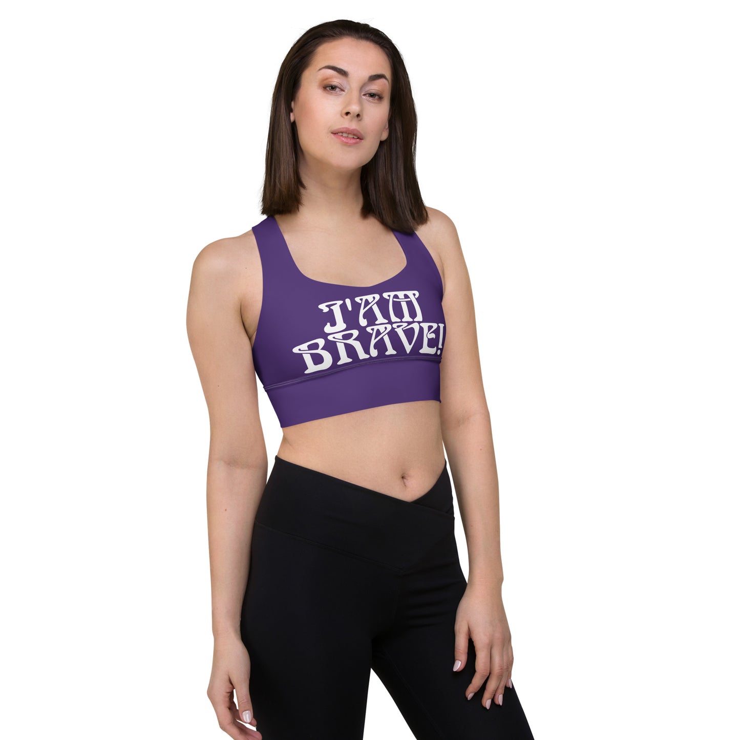 “I’AM BRAVE!” Purple Longline Sports Bra W/White Font