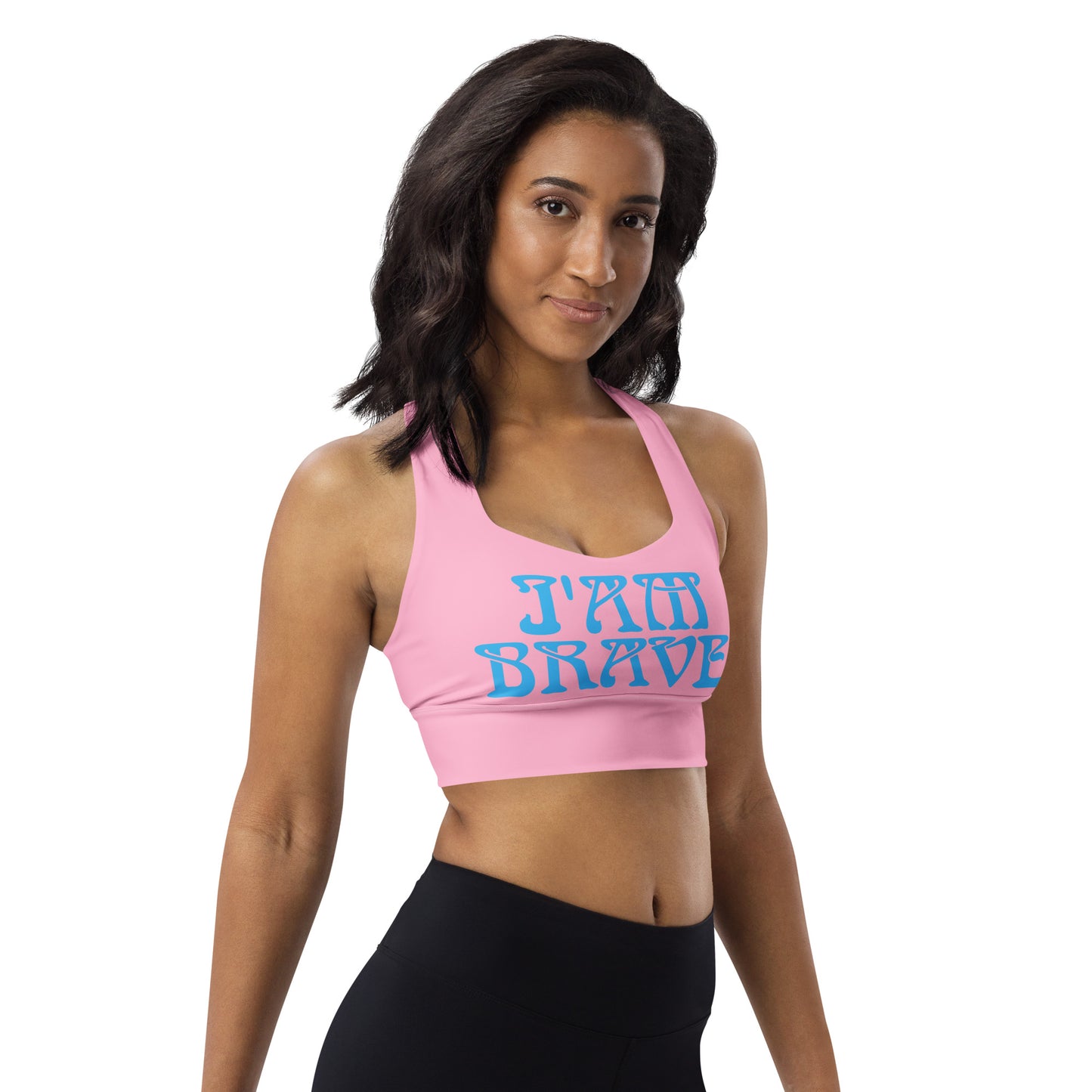 “I’AM BRAVE!” Cotton Candy Longline Sports Bra W/SkyBlue Font