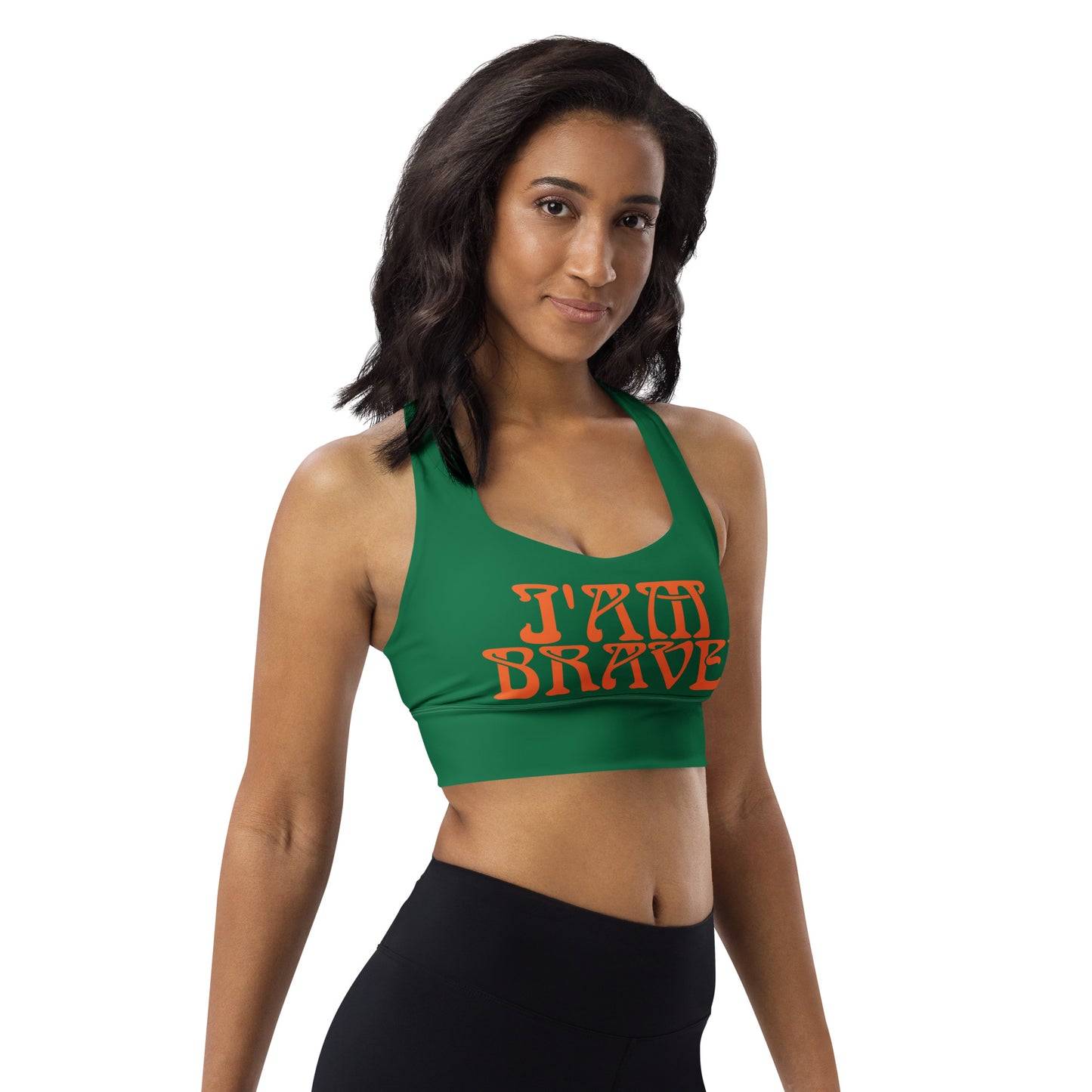 “I’AM BRAVE!” Green Longline Sports Bra W/Orange Font