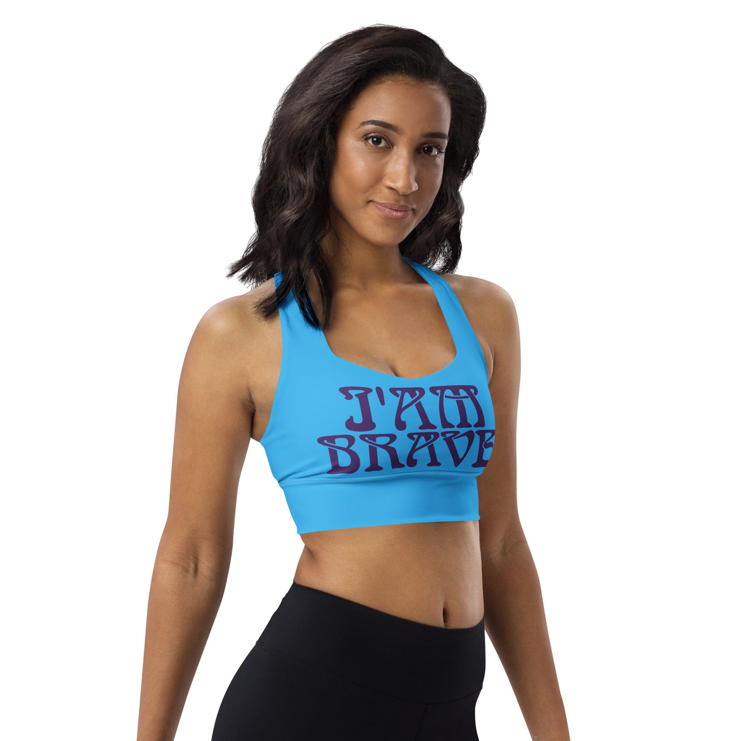 “I’AM BRAVE!” SkyBlue Longline Sports Bra W/Purple Font